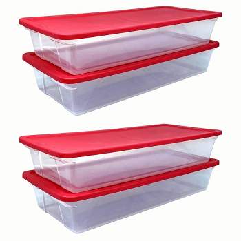 Homz Large 41 Quart Clear Plastic Under Bed See Through Stackable Storage Organizer Container with Red Snap Lock Lid (4 Pack)