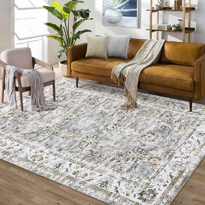 homfan Vintage Floral Washable Rug - Stain Resistant Low Pile Non-Slip Indoor Carpet for Living Room, Bedroom, Dorm