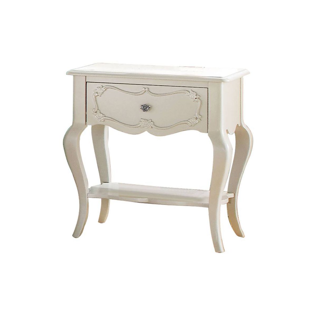 Edalene 24" Nightstands Pearl White - Acme Furniture: Upholstered, Clear Rosette Knobs, Cabriole Legs