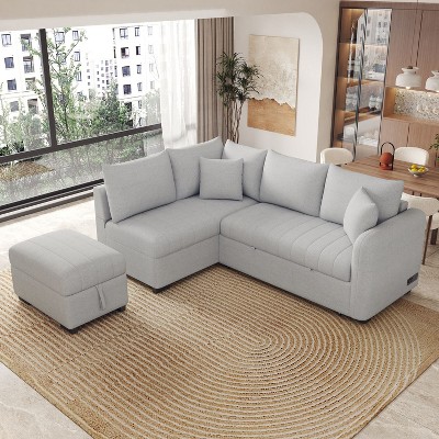 Isabel L-shaped Sectional Sofa Bed with 2 USB Ports, 2 Power Sockets and a Movable Storage Ottoman, Indoor Furniture - Maison Boucle