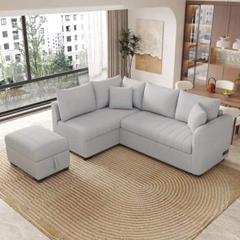 82.6" L-shaped Sectional Pull Out Sofa Bed with 2 USB Ports, 2 Power Sockets and a Movable Storage Ottoman - Maison Boucle