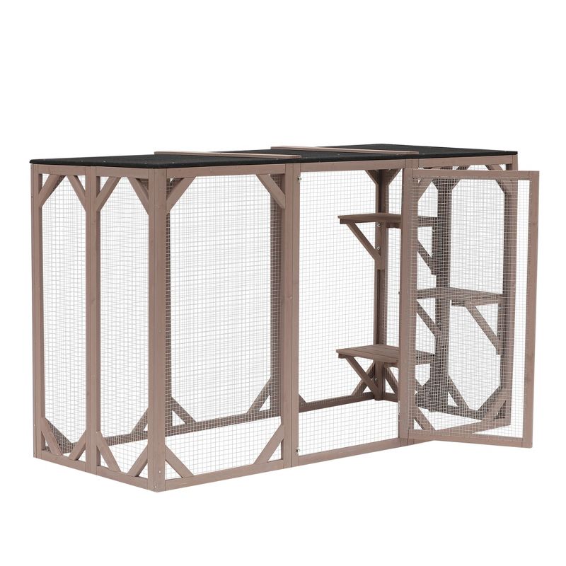 PawHut Wooden Outdoor Cat House Catio Kitten Enclosure Indoor Cage with Asphalt Roof, Multi-Level Platforms and Large Enter Door - 71"L, 5 of 10