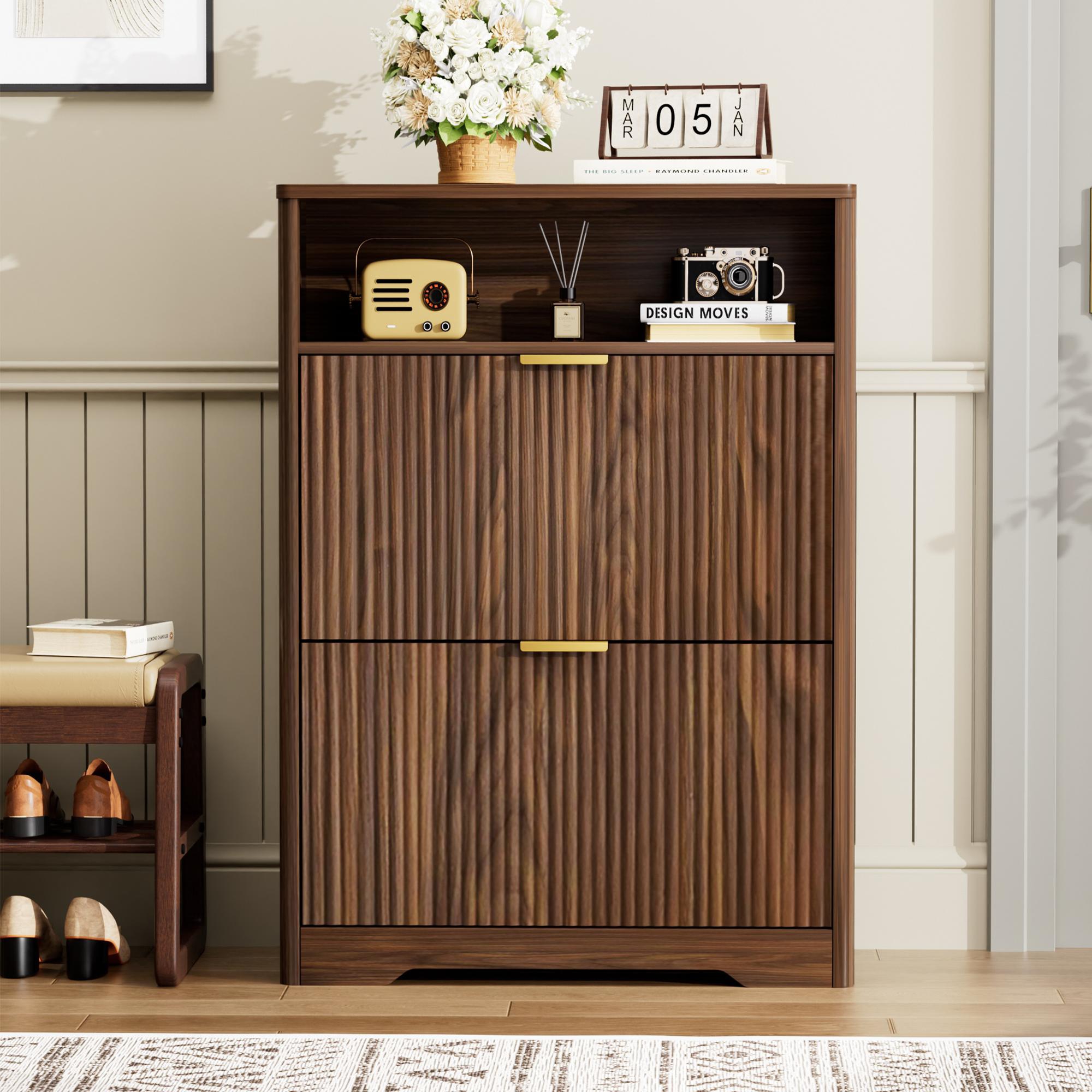 Standing Shoe Rack, Shoe Cabinet with 2 Flip Drawers, Hidden Storage Organizer for Entryway, Walnut-- Frevyn