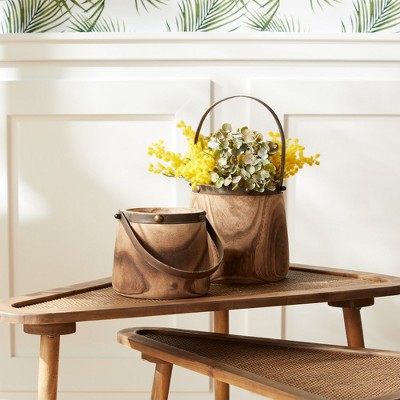 Melrose Natural Dark Brown Wooden Pail Planter Set with Steel Handles