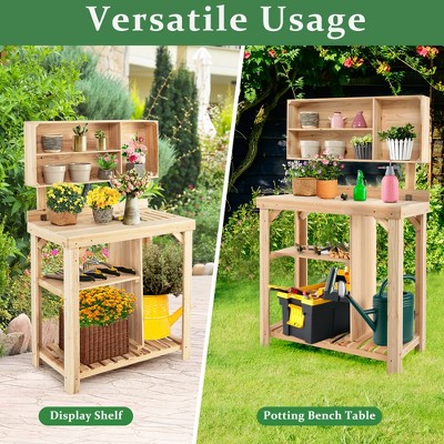 Natural Fir Wood Garden Potting Bench with Storage Shelves