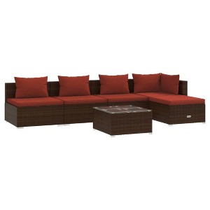 vidaXL 6-Piece Outdoor Patio Lounge Set with Cushions- Water Resistant PE Rattan Lounge Set, Modular Assembly, Brown & Cinnamon Red - 1 of 4