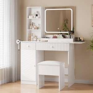 Vanity Desk with Mirror and Lights, Power Outlets Makeup Table with Drawers & Cabinet, Storage Stool, Dressing Table for Bedroom - 1 of 4