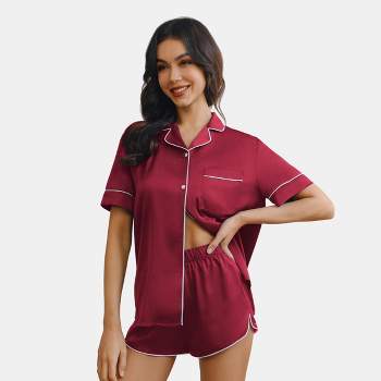 Women's Satin Collared Button-Up Short Sleeve Top & Shorts Pajama Set - Cupshe