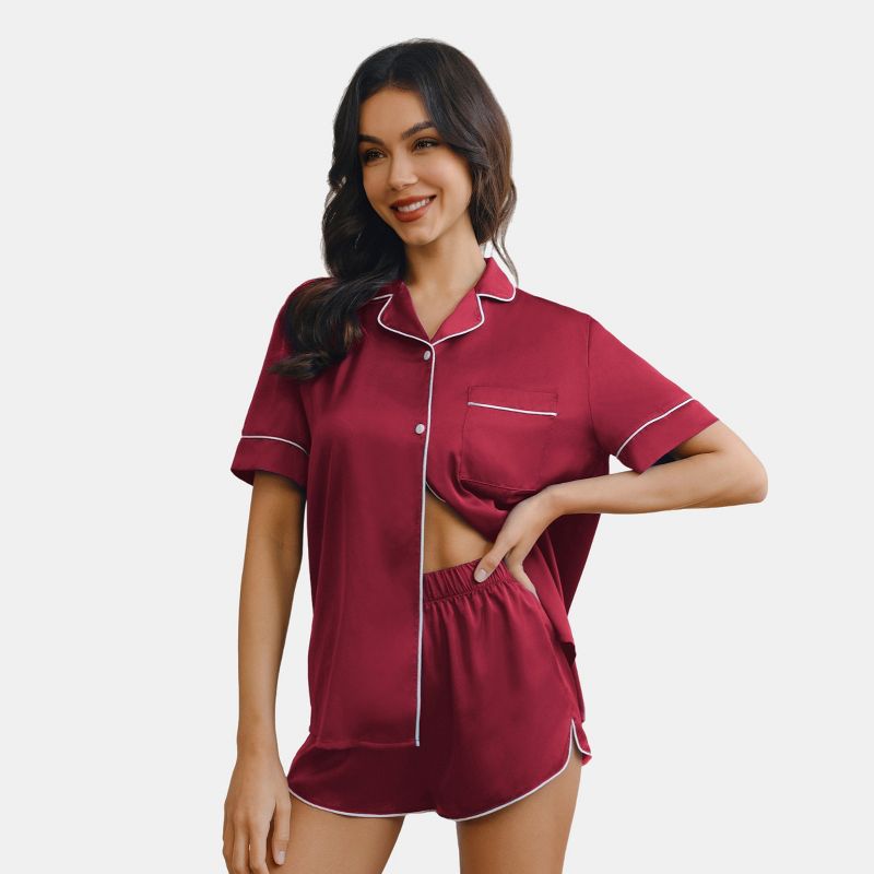 Women's Satin Collared Button-Up Short Sleeve Top & Shorts Pajama Set - Cupshe, 1 of 5