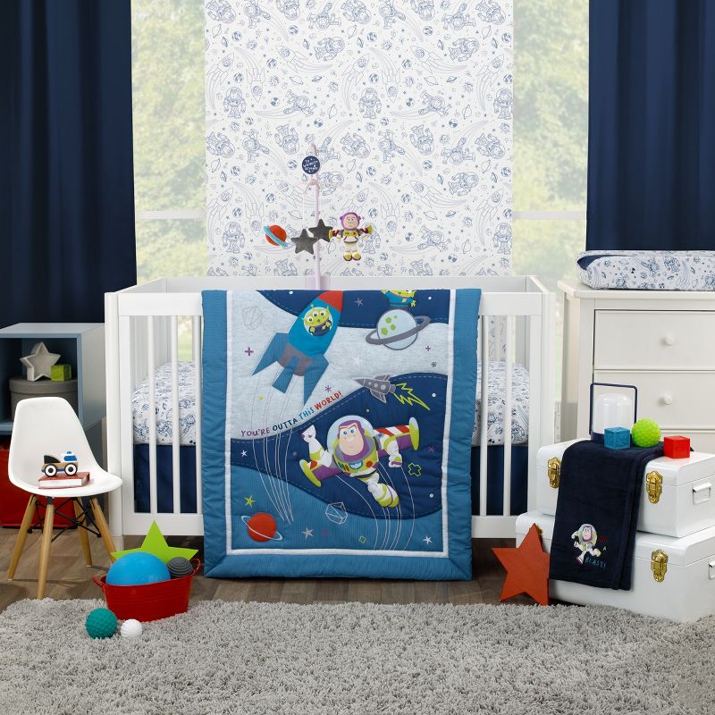 Disney Toy Story Outta This World Blue and Gray Buzz Lightyear 4 Piece Nursery Crib Bedding Set, 1 of 9