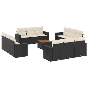 vidaXL 13 Piece Patio Sofa Set with Cushions Black Poly Rattan - Black and Cream - 1 of 4