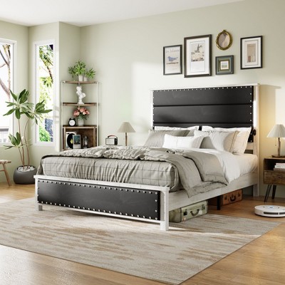 NicBex Queen/King Size Faux Leather Bed Frame with Charging Station and LED Lights for Adults/Boys/Girls,Black
