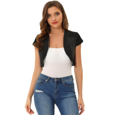 INSPIRE CHIC Women's Casual Cap Sleeve Open Front Crop Denim Shrugs