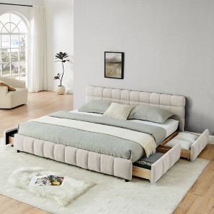 PAGED King Size Bed Upholstered Bed Frame with Drawer and Chenille Fabric Headboard, Easy Assembly, Noise Free - 1 of 4