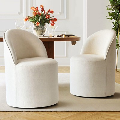 Modern Upholstered Dining Chair with Castors Round Barrel Dining Room Chair Linen Dining Chairs Set of 2 for Kitchen -Tanpinhause