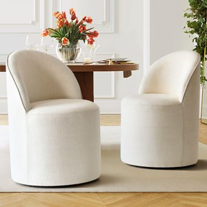 Modern Upholstered Dining Chair with Castors Round Barrel Dining Room Chair Linen Dining Chairs Set of 2 for Kitchen -Tanpinhause - 1 of 4