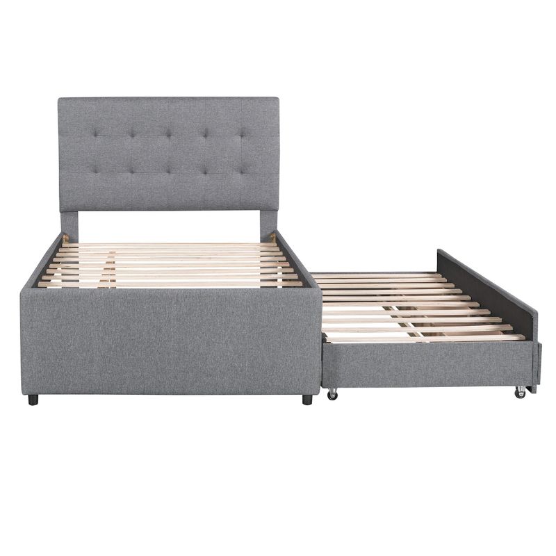 Upholstered Platform Bed with Pull-out Twin Size Trundle Bed and 3 Drawers-ModernLuxe, 5 of 14