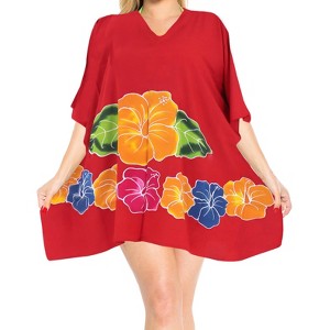 LA LEELA Women's Beachwear Swimsuit Coverups for Women Summer Swim Beach Dress Cover Ups for Swimwear Women Loose Party Bathing Suit 1X-2X Red, Floral - 1 of 3
