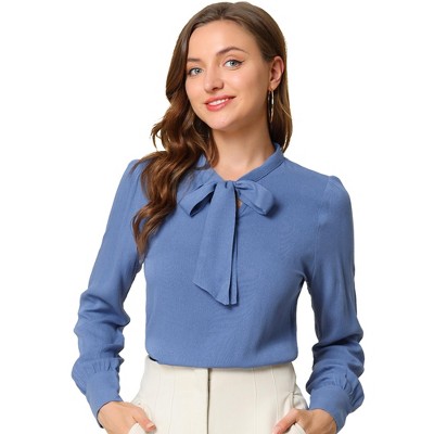 INSPIRE CHIC Women's Bow Tie Neck Elegant Long Sleeve Solid Work Office Blouse