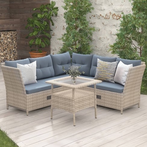 Goshadow Natural 4 Piece Wicker Patio Conversation Sectional Seating Set With Gray Cushions Adjule Backs Backyard Poolside