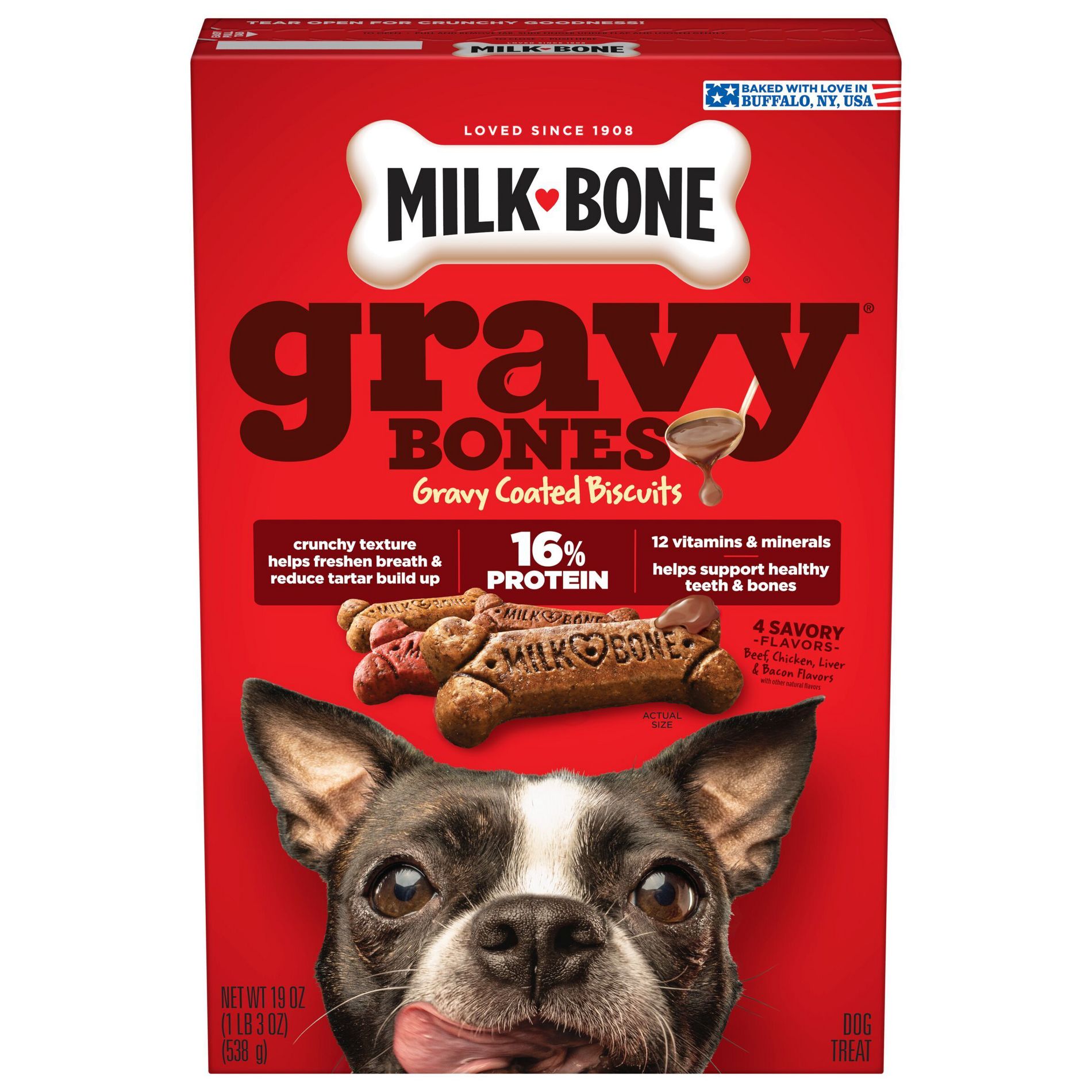 Milk-Bone Biscuits Gravy Bones with Beef, Chicken, Liver and Bacon Flavors Dog Treats - 19oz