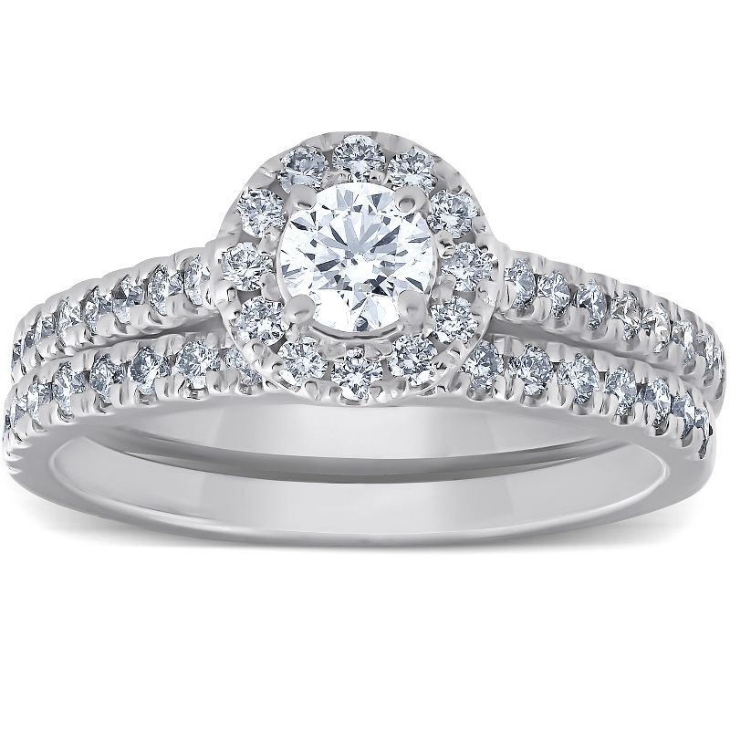 Pompeii3 1Ct Halo Round Lab Created Diamond Engagement Matching Wedding Ring Set White Gold, 1 of 6