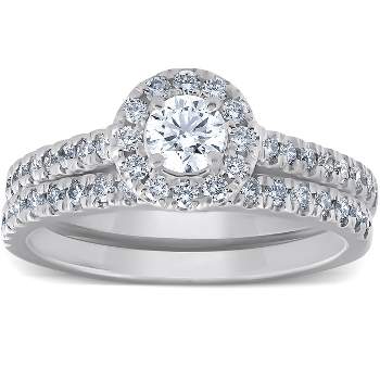 Pompeii3 1Ct Halo Round Lab Created Diamond Engagement Matching Wedding Ring Set White Gold