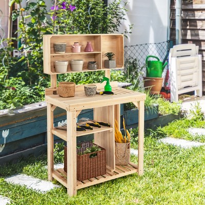 Natural Fir Wood Garden Potting Bench with Storage Shelves