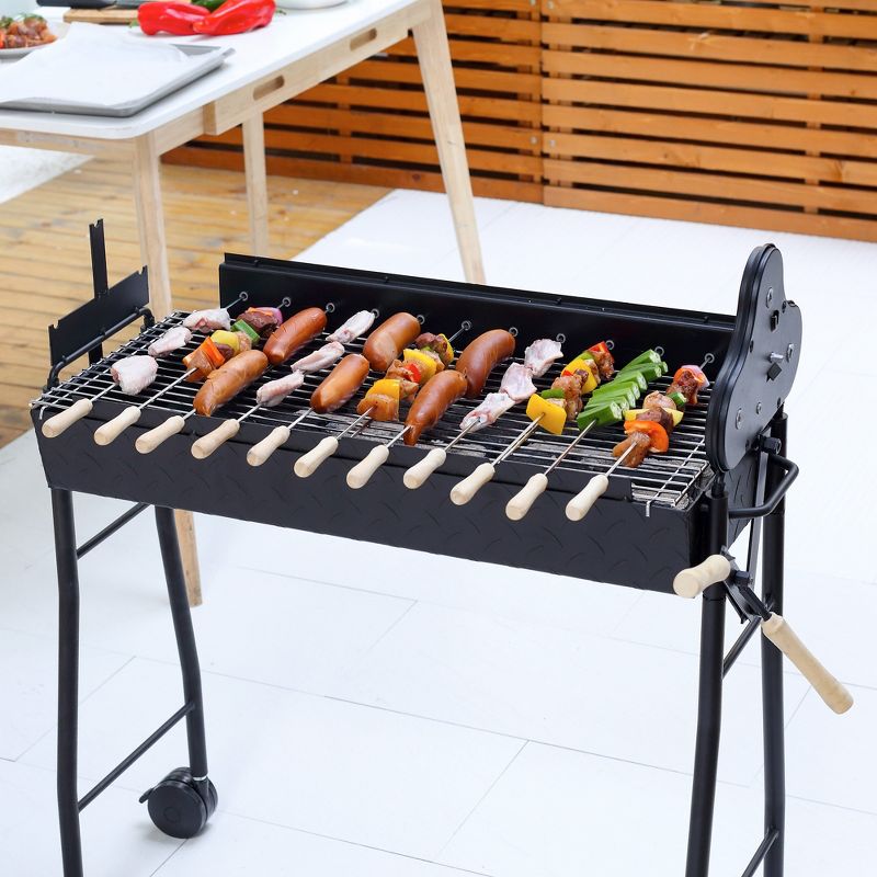 Outsunny Portable Charcoal BBQ Grills Steel Rotisserie Outdoor Cooking Height Adjustable with 4 Wheels Large / Small Skewers Portability, 6 of 10