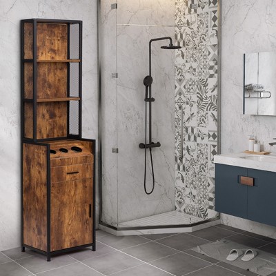 Sevobal Utility Storage Cabinets Vintage Cabinet with Shelves Drawer and Hair Dryer Holders, Cabinet for Bathroom Sylon, Brown, 17.25"*15.75"*70.75"