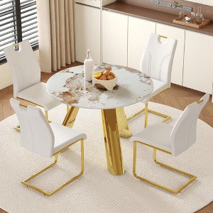 4-Piece Dining Set with Sintered Stone Tabletop and Dining Chairs with Golden Metal Leg - 1 of 4