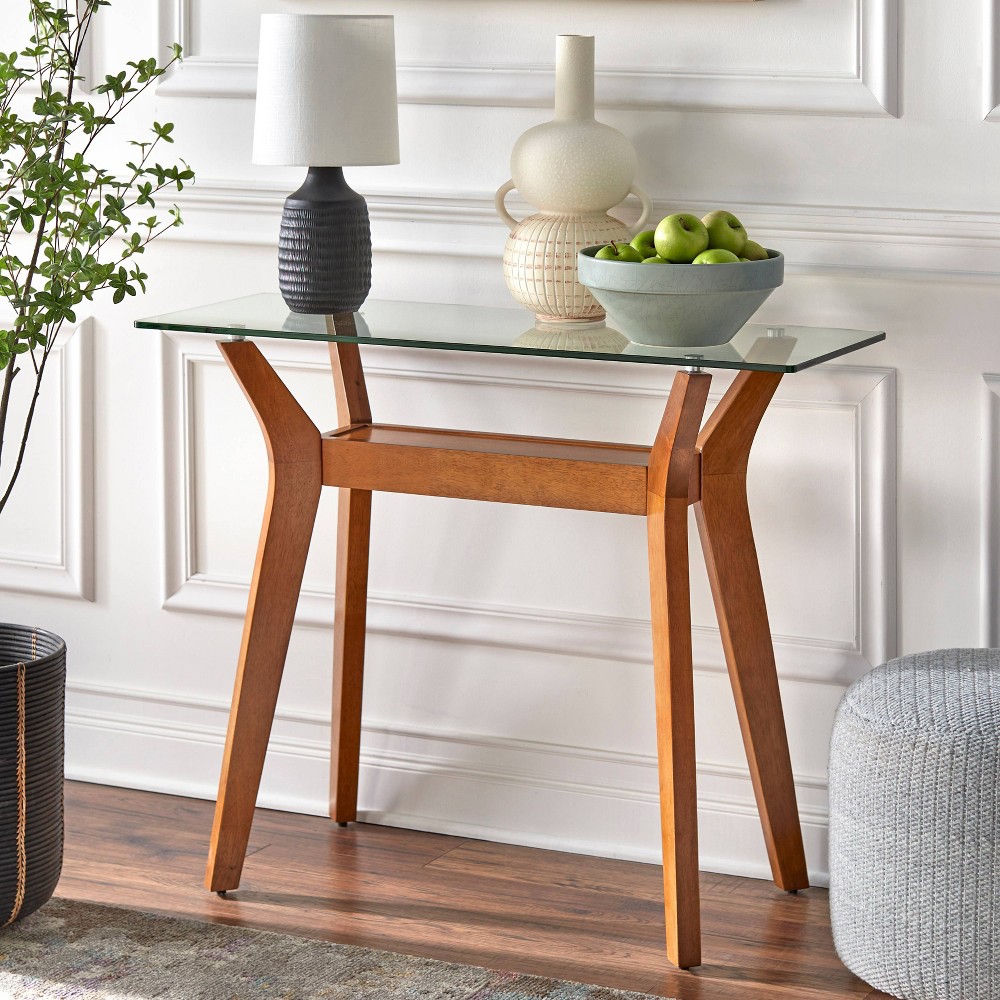 Photos - Coffee Table Buylateral Fontana Glass Top Sofa Table Walnut : Entryway, Hallway, 30x30 Rectangle, MDF Frame