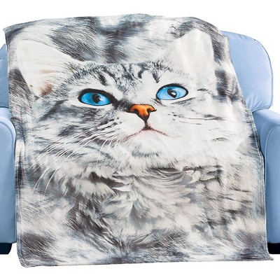 Collections Etc Cozy Cat with Blue Eyes Fleece Throw Blanket Grey
