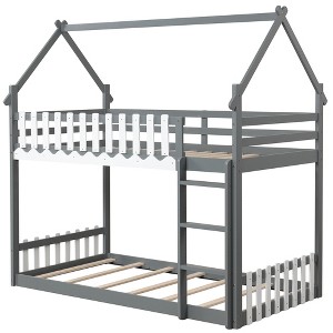 Tangkula Twin Over Twin Bunk Bed w/ Fence & Ladder Solid Wood Floor Bunk Bed for Kids Gray - 1 of 4