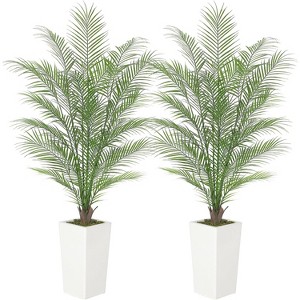 Fake Palm Tree, Faux Areca Palm Plants, Leaves Realistic Trunks Fake, Tropical Palm Tree, Tall Trapezoidal Prism White Pot - 1 of 4