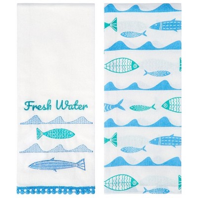 The Lakeside Collection Set of 2 Gone to the Lake Embroidered Kitchen Towels - Fresh Water