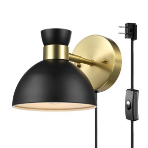 Globe Electric 1-Light Matte Brass Plug-In or Hardwire Wall Sconce with Black Metal Shade - 1 of 4