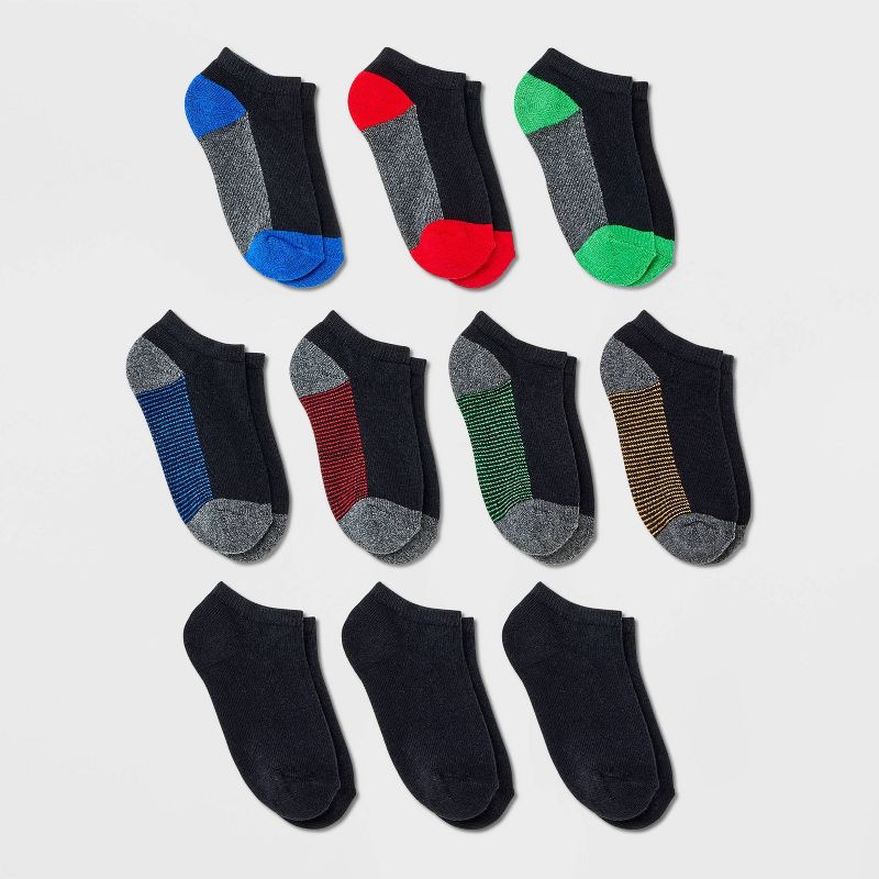 Boys' 10pk Striped Low Cut Socks - Cat & Jack™ Black, 1 of 5