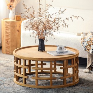 31.5" Round Coffee Table with Open Base, Rustic Farmhouse Solid Wood Cocktail Table Accent Table, Natural - ModernLuxe - 1 of 4
