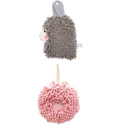 REGALWOVEN Absorbent Soft Chenille Cartoon Alpaca Fuzzy Ball Bathroom Hanging Hand Towels 7" x 7"/7" x 11" 2 Pcs