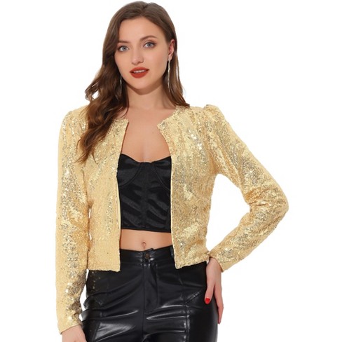 Allegra K Women s Puff Long Sleeve Sparkly Sequin Crop Open Front Jackets Gold X small Target