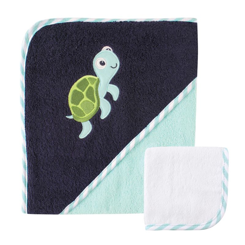 Luvable Friends Baby Boy Cotton Hooded Towel and Washcloth, Turtle, One Size, 1 of 3