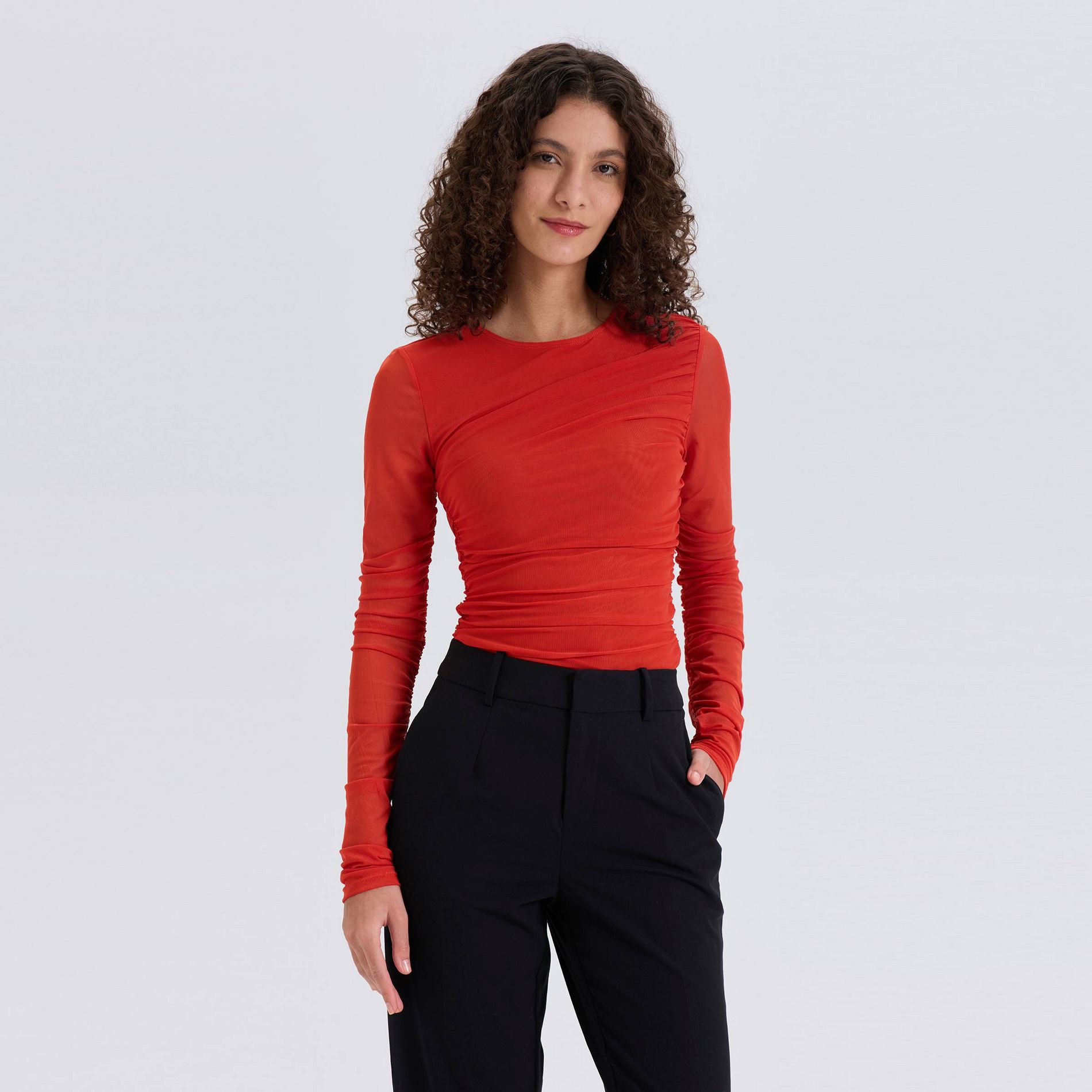 Women's Long Sleeve Ruched Asymmetrical Mesh Top - A New Day™ Red XL