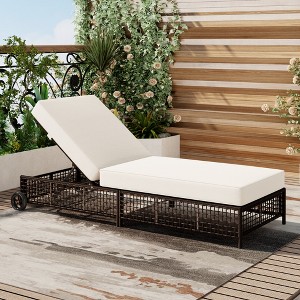 1/2pcs Outdoor Daybed Lounge Chair, Patio Rattan Sunbed Chaise Lounge with 5-Position Adjustable Backrest, Cushion and Wheels -ModernLuxe - 1 of 4