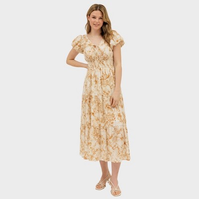 August Sky Women's Floral Print Front Tie V-Neck Midi Dress