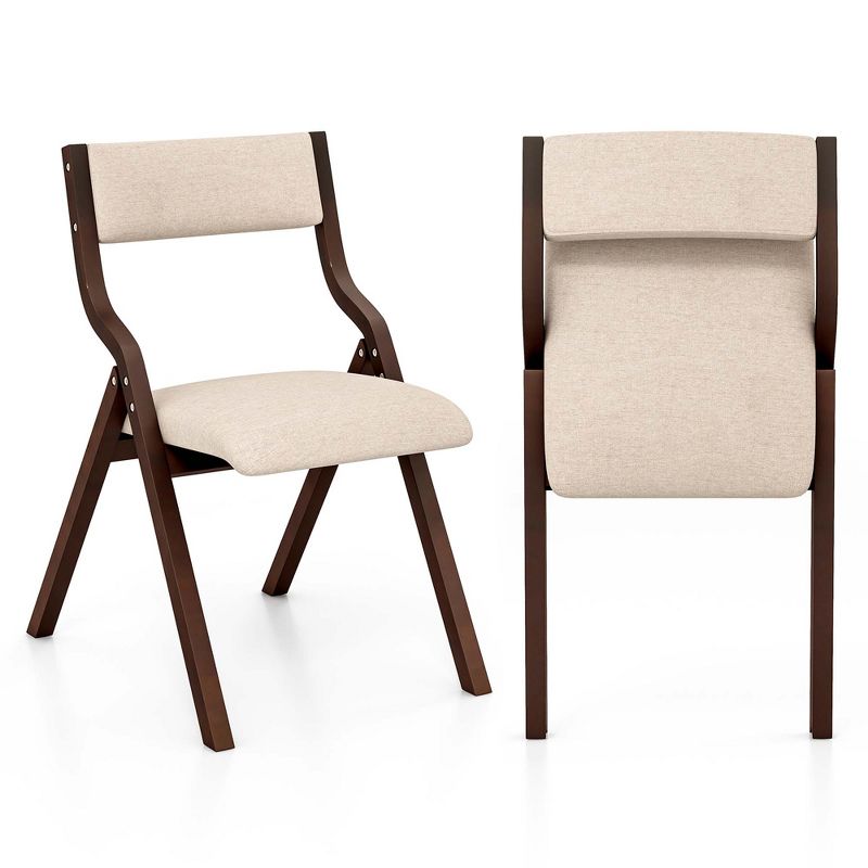 Costway Folding Dining Chair Set of 2 Wooden Upholstered Modern Linen Fabric Padded Seat, 1 of 9