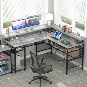 Aheaplus L Shape Computer Desk with Monitor Stand, Reversible Gaming Desk with Charge Station and LED Light - 1 of 4