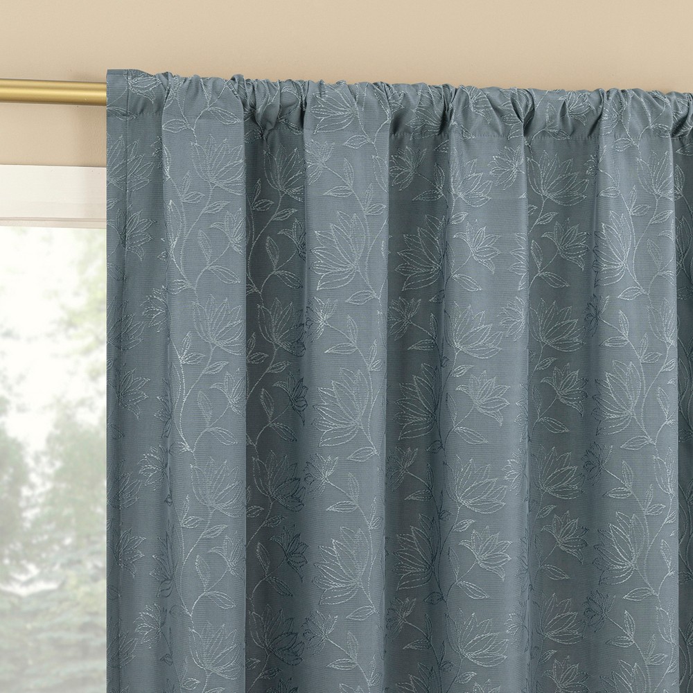 1pc 50"x63" Sun Zero Bronte Floral Jacquard 100% Blackout Rod Pocket Curtain Panel Denim