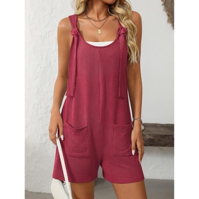 Womens Summer Casual Short Romper Scoop Neck Sleeveless Striped Overalls Shorts Jumpsuit with Pockets