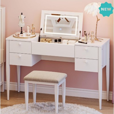 Jojoka Makeup Vanity Desk with LED Light Mirror and Stool, 3-in-1 Flip Top Design with 6 Storage Drawers and Adjustable Lighting, White